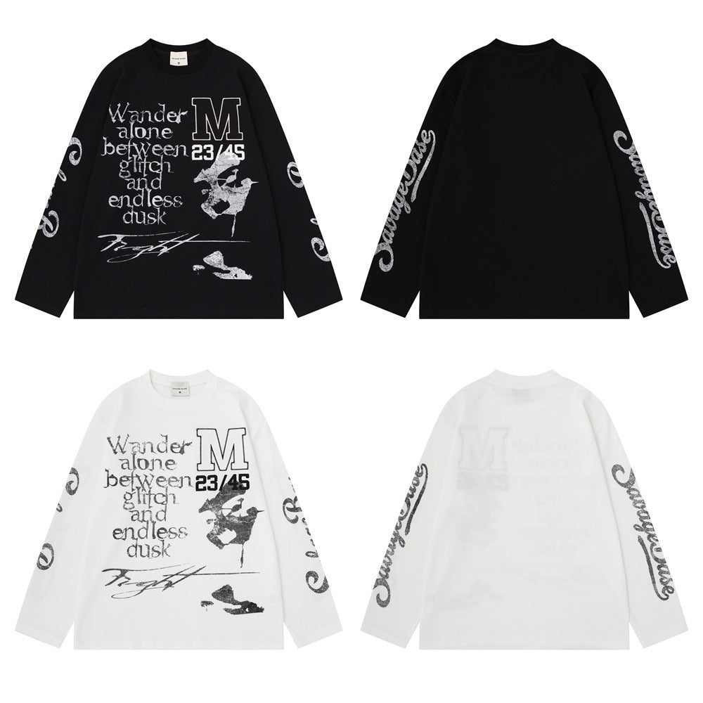 Herren-Langarmshirt mit Grafik – Oversize-Streetwear-Shirt aus Waffelstrick mit Schriftprint