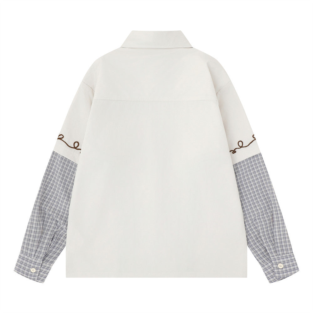 Embroidered Patchwork Plaid Long Sleeve Shirt – Oversized Floral Vine Design