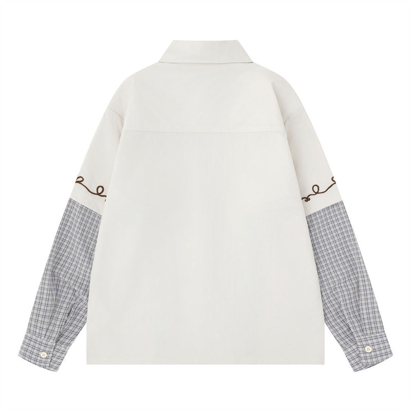 Embroidered Patchwork Plaid Long Sleeve Shirt – Oversized Floral Vine Design