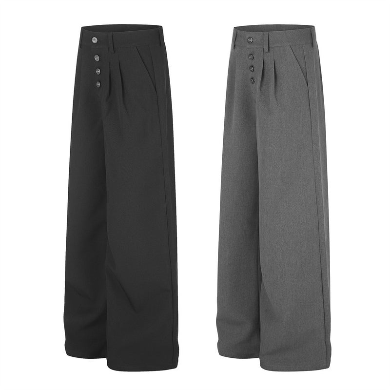 Wide-Leg Pleated Dress Pants with Metal Button Fly