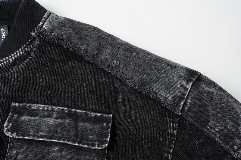 Quilted Corduroy Bomber Jacket – Acid-Washed Raw-Edge Baseball Jacket