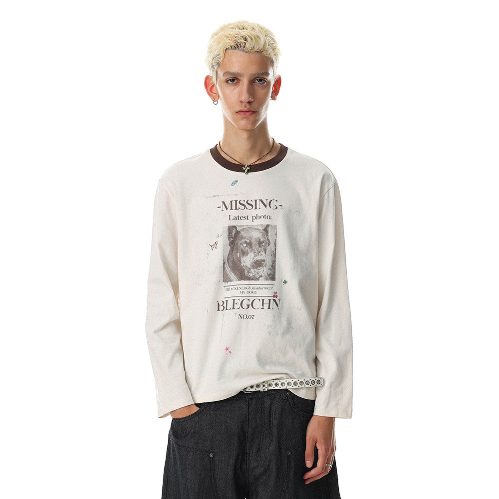 Men's oversized long sleeve crew neck T-shirt with distressed missing dog poster graphic print on chest, shown in off-white c