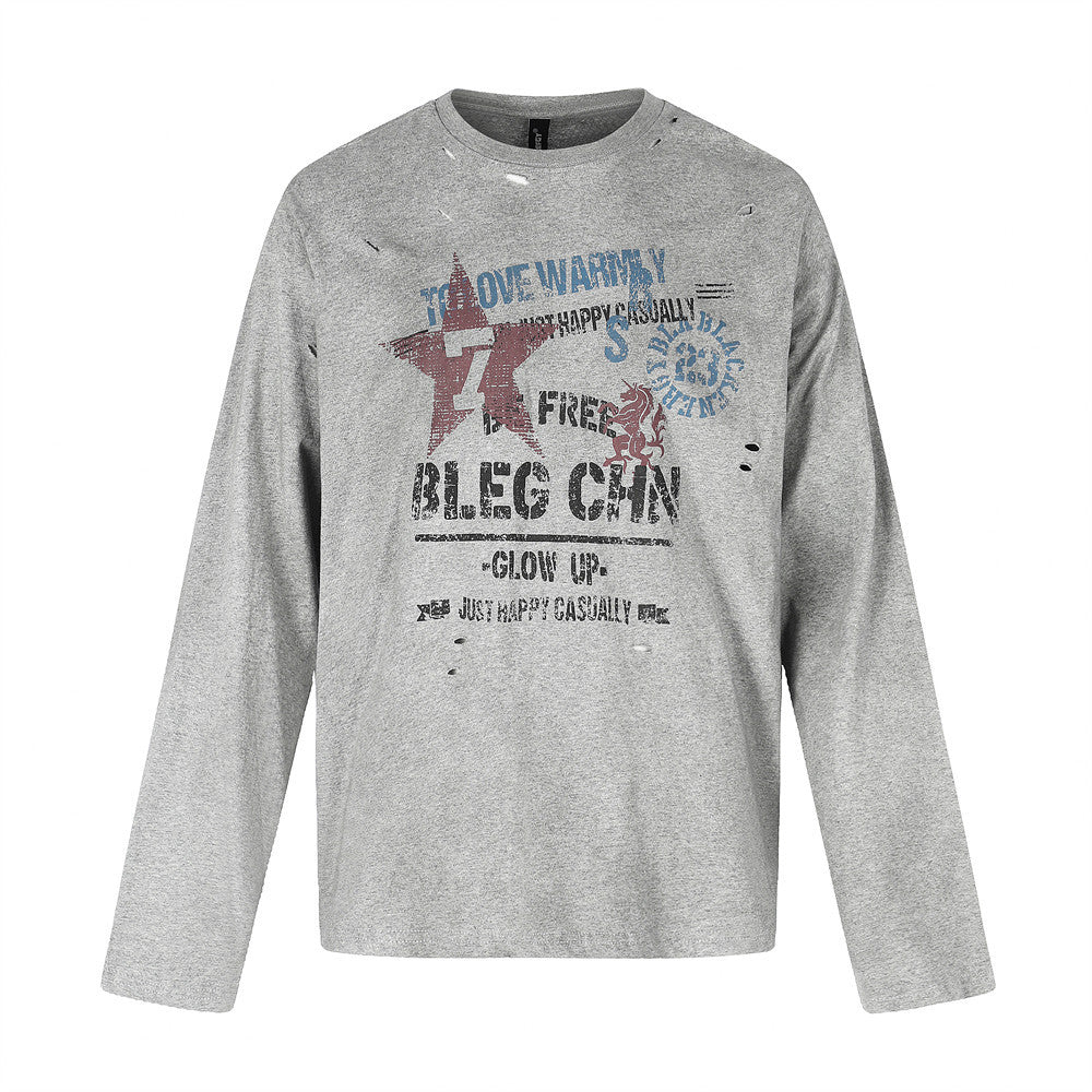 Men's Crew Neck Long Sleeve Distressed Graphic Tee – Vintage Star Print, Washed