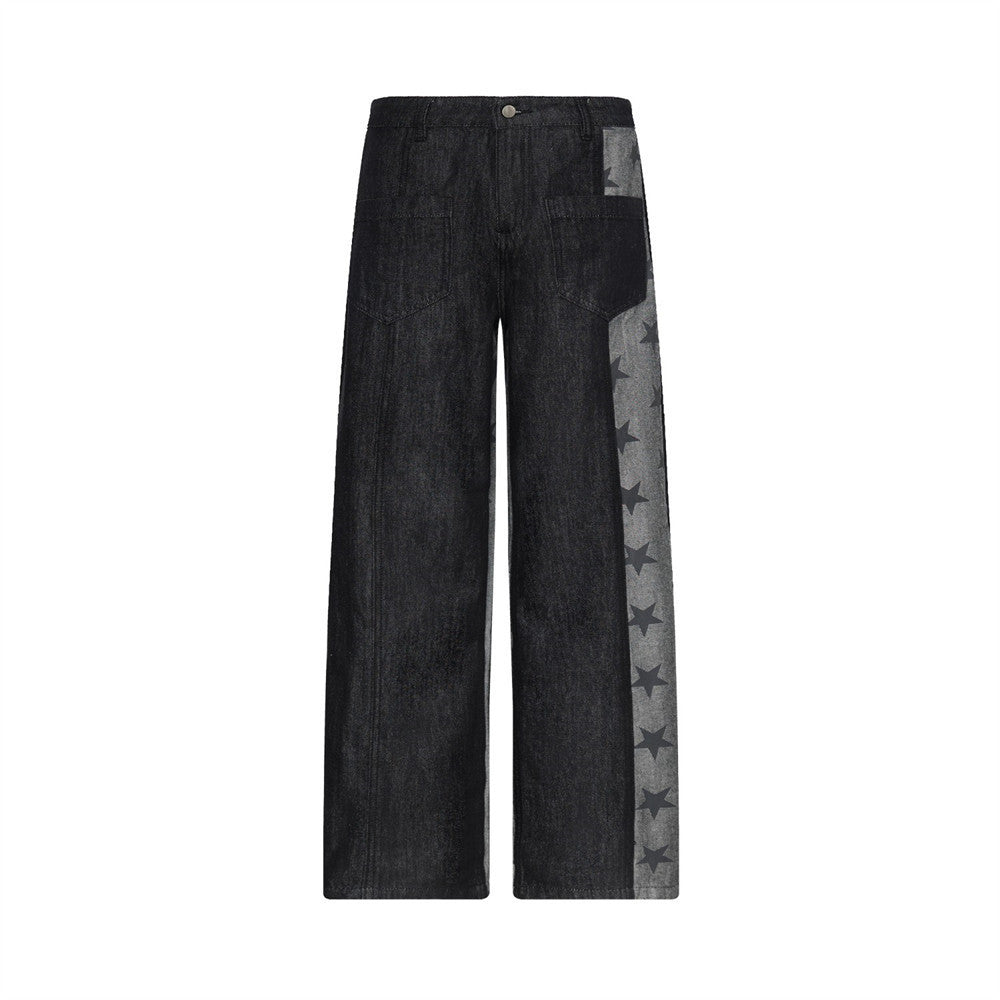 Men's black wide-leg baggy jeans with grey star-print patchwork panels, front and back view