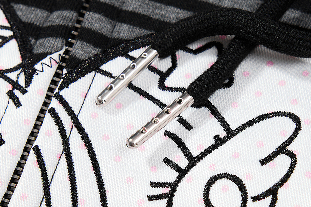 Hoodie zippé graphique Anime Angel – Rayures noires et finitions roses