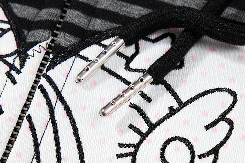 Hoodie zippé graphique Anime Angel – Rayures noires et finitions roses