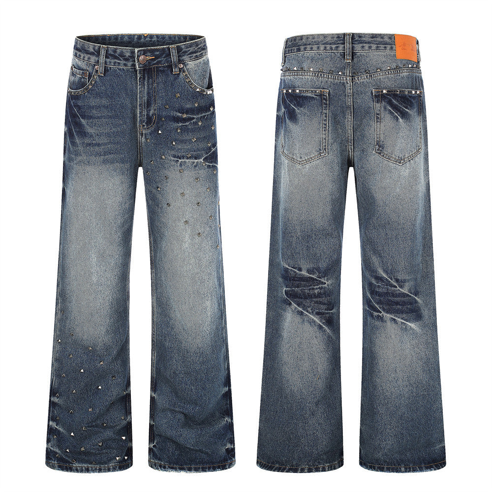 Men's retro blue vintage wash wide-leg jeans with scattered pyramid metal studs, front and back view