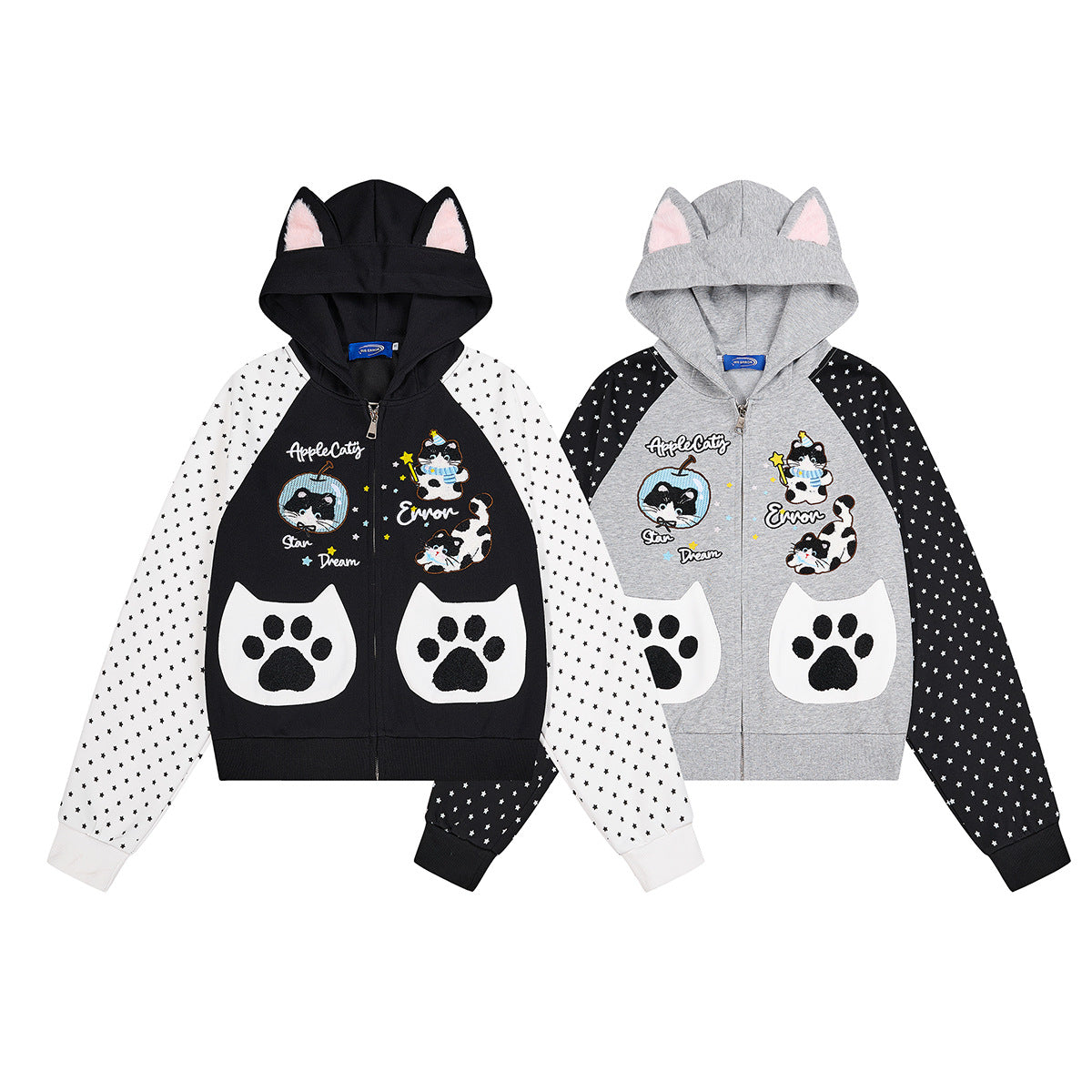 Hoodie zippé à oreilles de chat avec manches raglan étoilées et poches-pattes