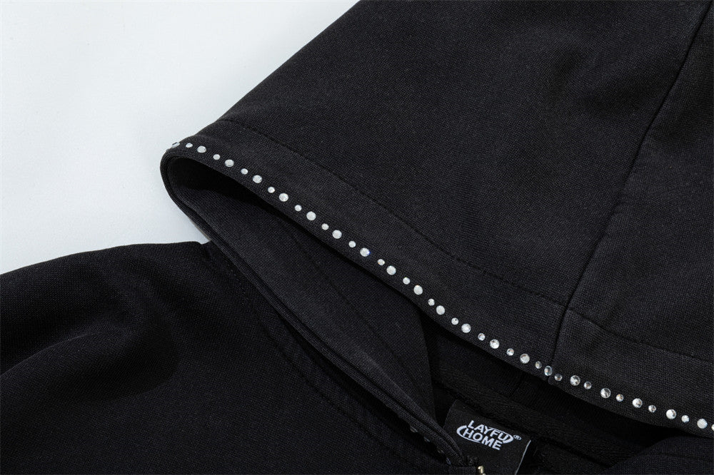Hoodie zippé avec bordure en strass et double zip — Streetwear délavé