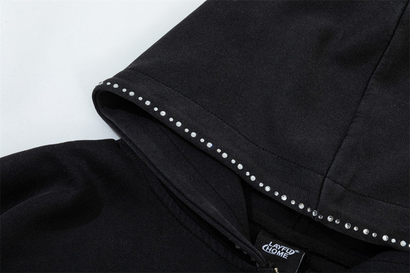 Hoodie zippé avec bordure en strass et double zip — Streetwear délavé