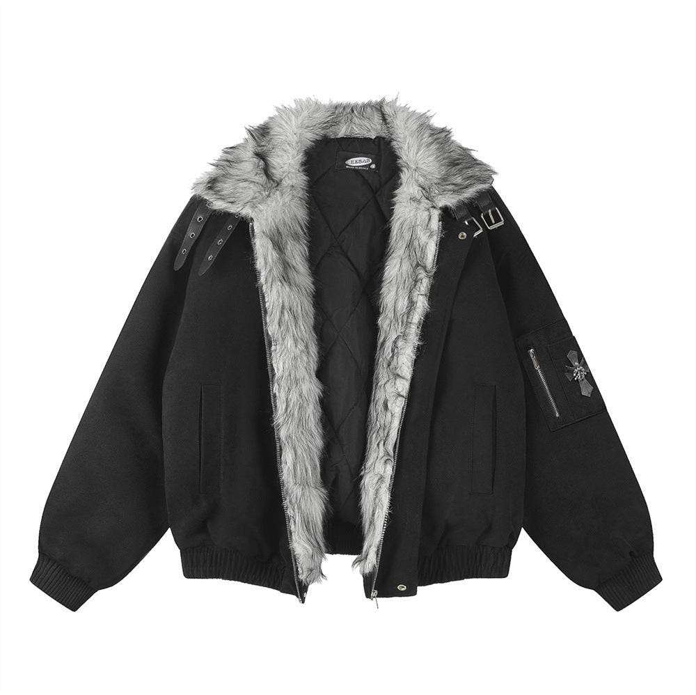 Veste homme doublée sherpa, bomber à col en fourrure avec écusson croix et détails à boucle