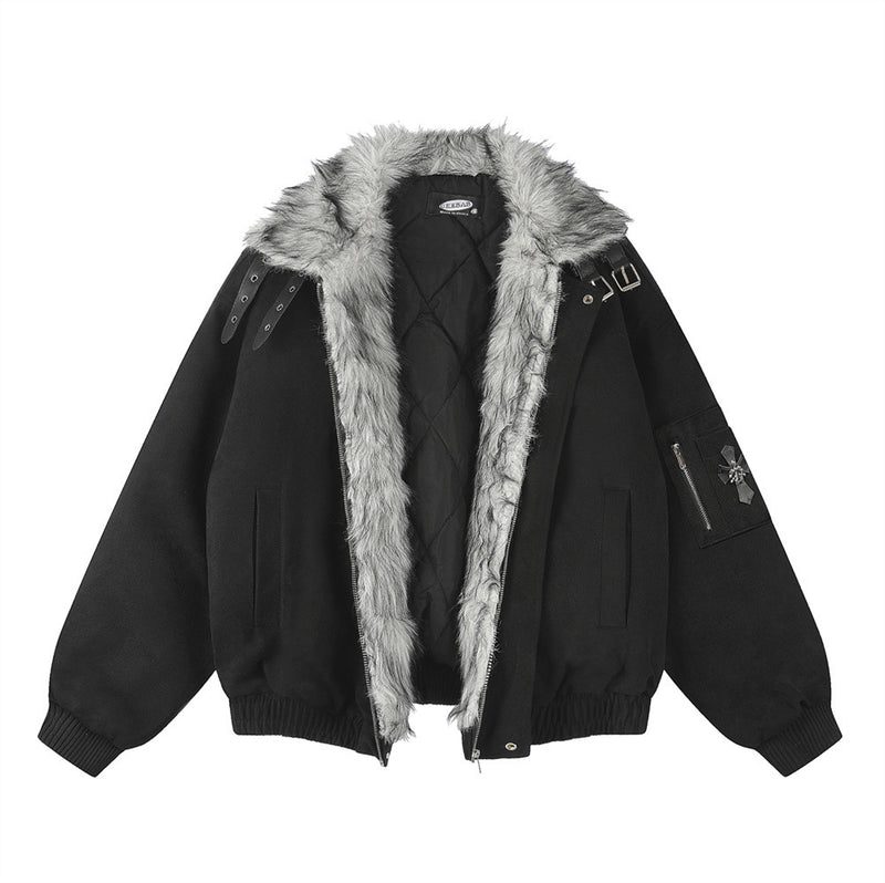 Veste homme doublée sherpa, bomber à col en fourrure avec écusson croix et détails à boucle