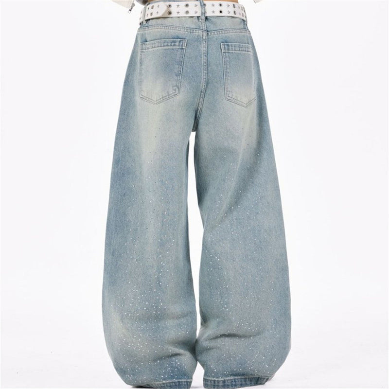 Baggy Denim Jeans Men – Rhinestone Scatter & Dragon Embroidery Wide-Leg Straight