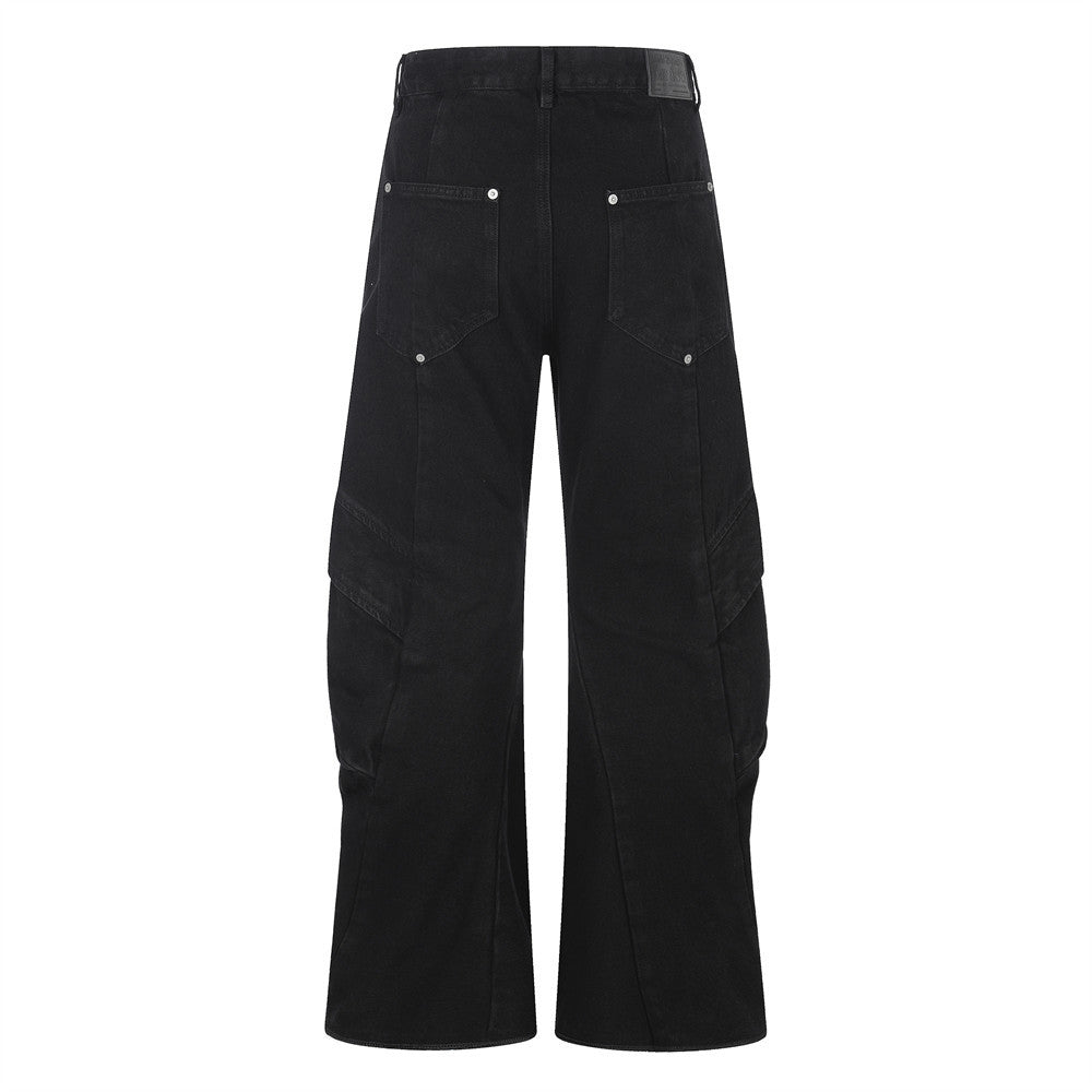 Wide-Leg Cargo Jeans – Pleated Multi-Pocket Washed Black Denim