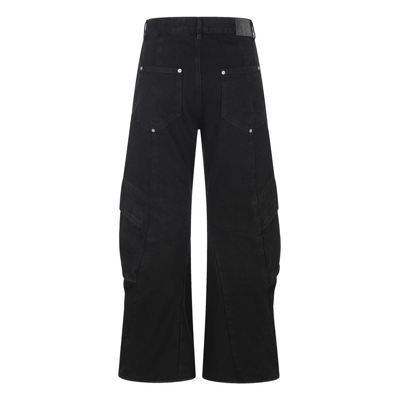 Wide-Leg Cargo Jeans – Pleated Multi-Pocket Washed Black Denim