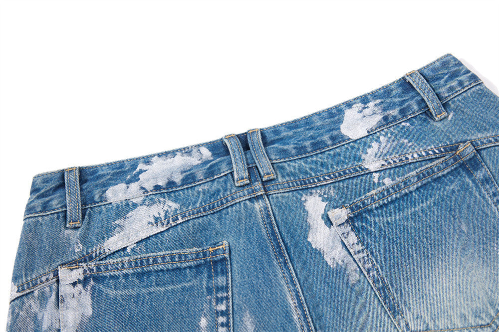 Distressed Flare Jeans – Men's Washed Blue Wide-Leg Denim with Paint Splatter