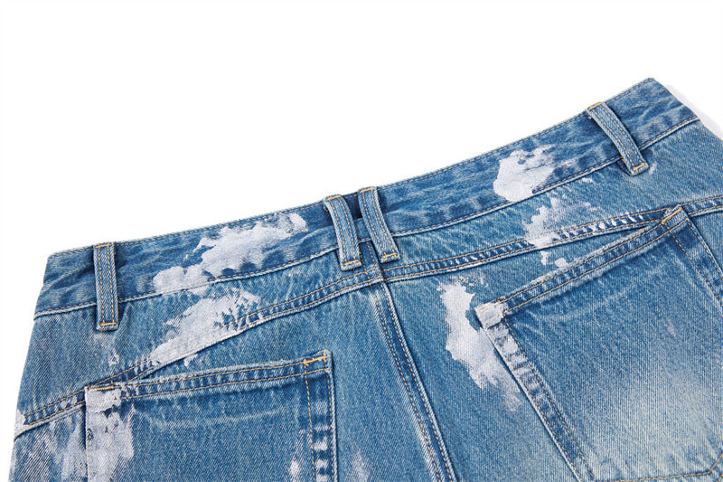Distressed Flare Jeans – Men's Washed Blue Wide-Leg Denim with Paint Splatter