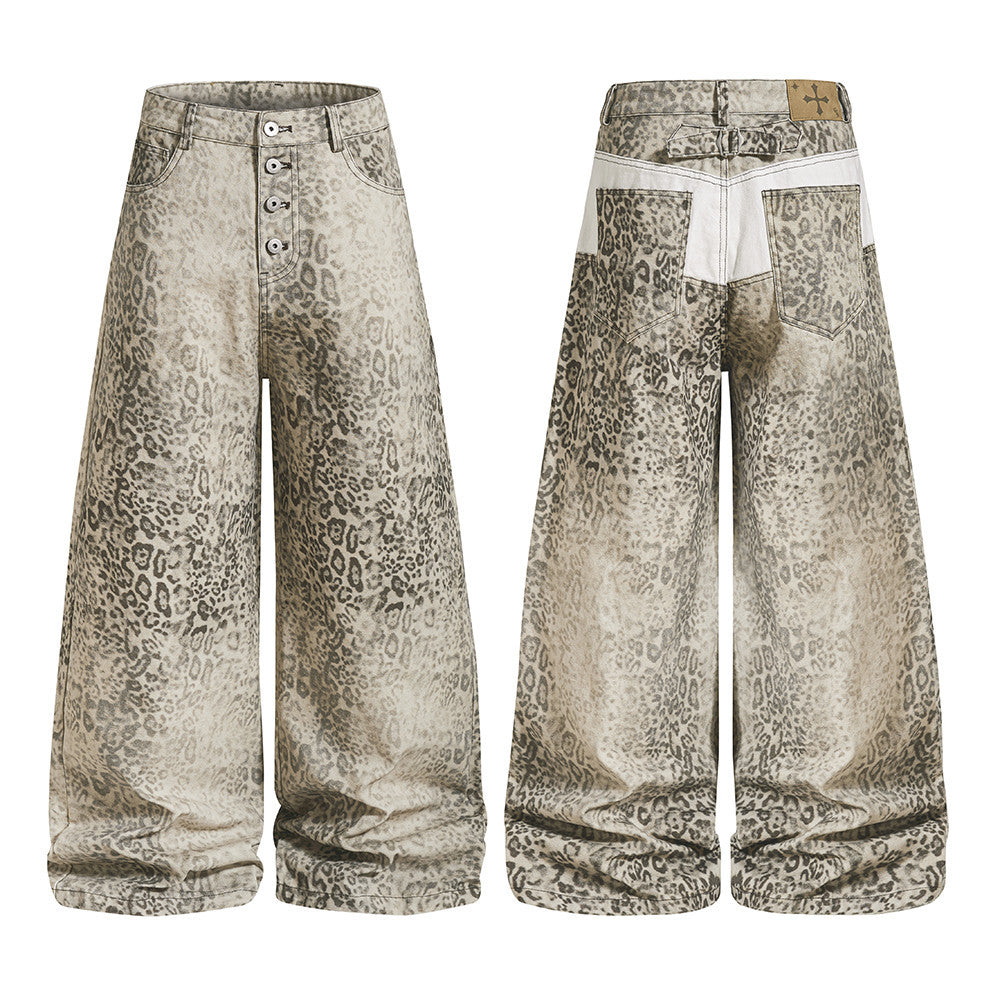Wide-Leg Leopard Print Jeans – Baggy Fit Punk Streetwear Pants for Men