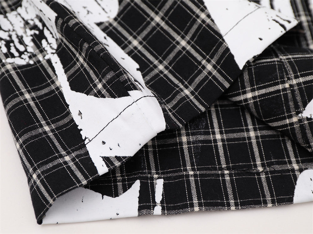 Plaid Long Sleeve Shirt – Graffiti Print & Old English Embroidery, Oversized Fit