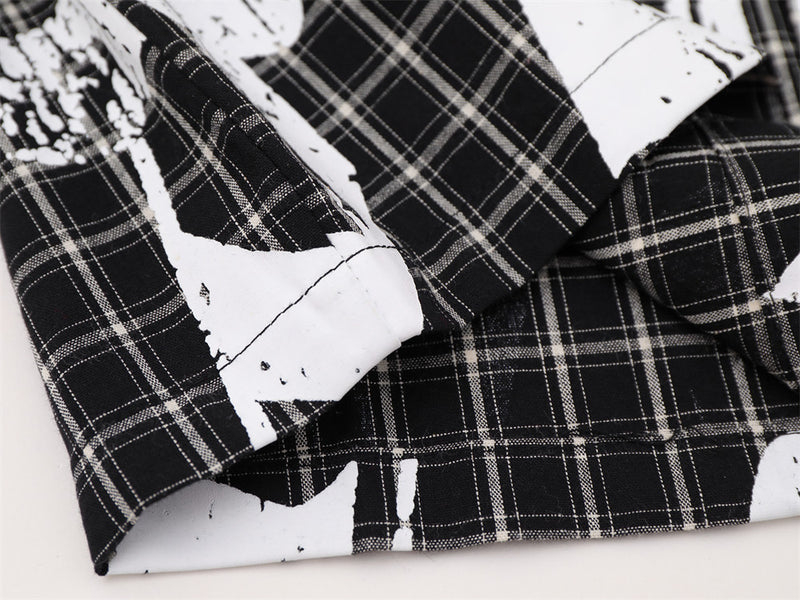 Plaid Long Sleeve Shirt – Graffiti Print & Old English Embroidery, Oversized Fit