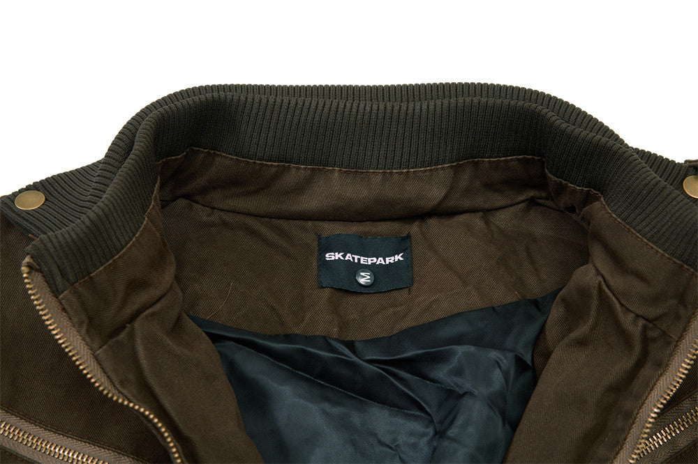 Washed Cargo Bomber Jacket – Men's Oversized Stand Collar with Double Chest Zips