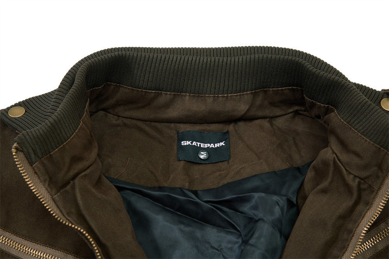Washed Cargo Bomber Jacket – Men's Oversized Stand Collar with Double Chest Zips
