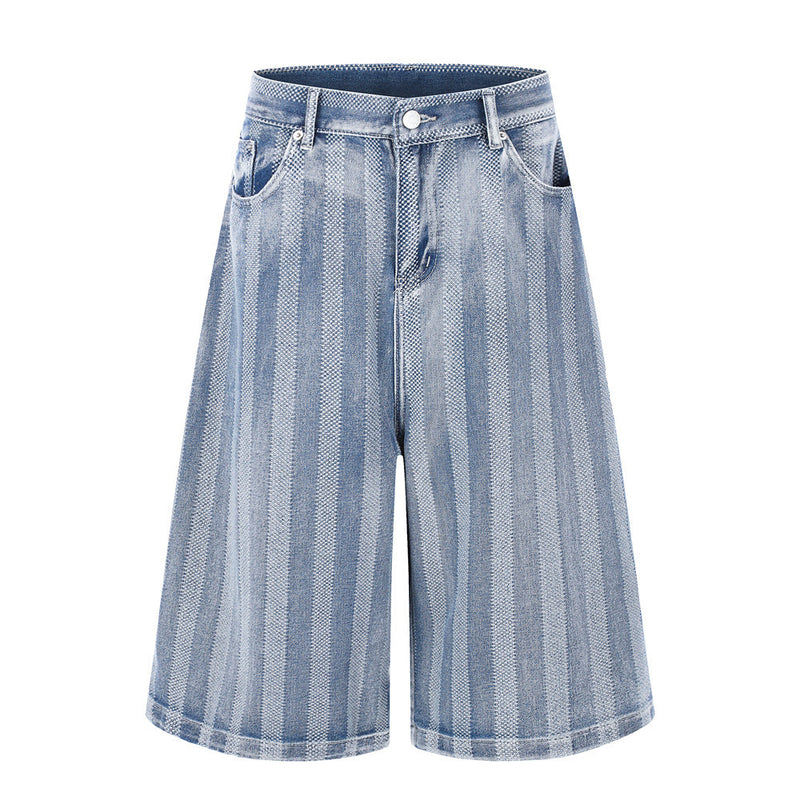 Men's Vintage Striped Wide-Leg Denim Shorts | Baggy Washed Jean Shorts