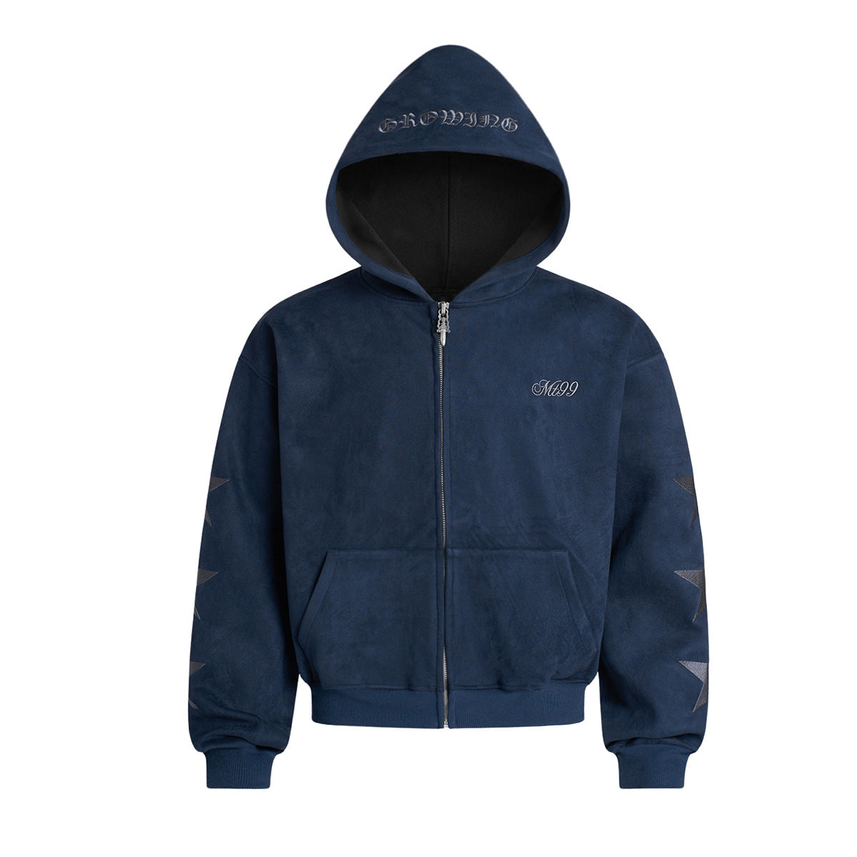 Men's oversized suede zip-up hoodie in navy with gothic embroidery on hood and star appliqués on sleeves