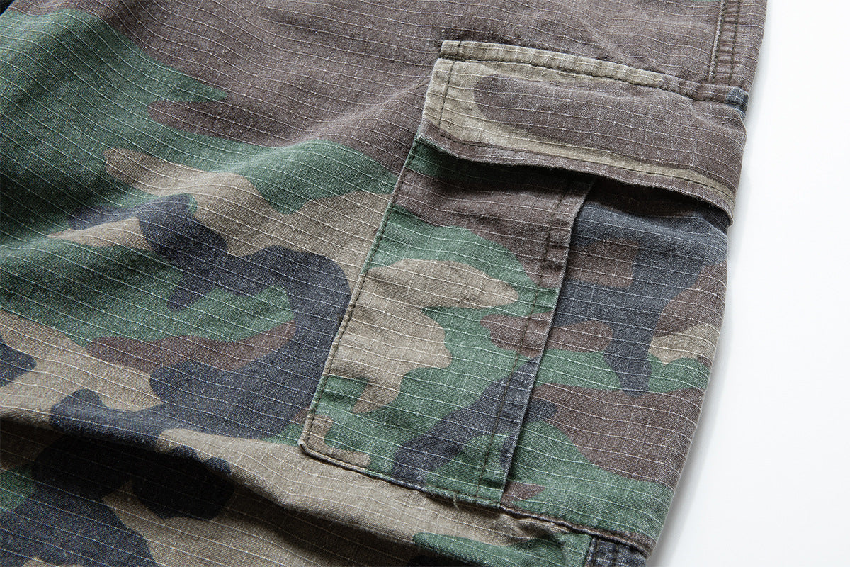 Woodland Camo Wide-Leg Cargo Pants – Washed Vintage Military Style