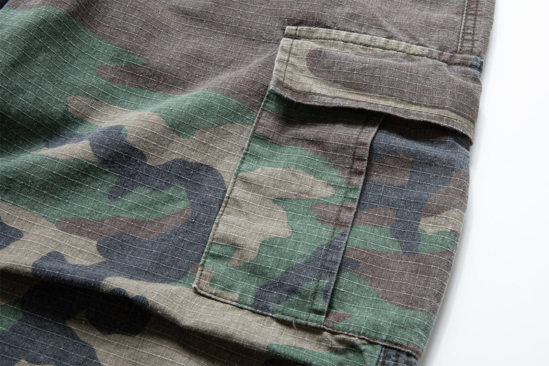 Woodland Camo Wide-Leg Cargo Pants – Washed Vintage Military Style
