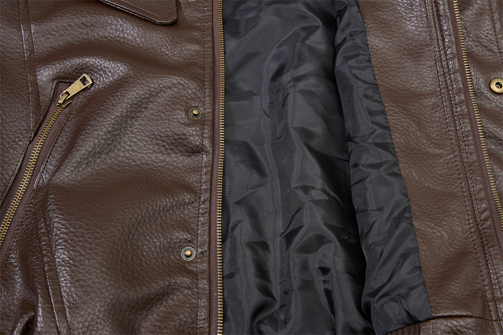 Men's Vintage Leather Bomber Jacket – Stand Collar PU Leather with Snap Buttons
