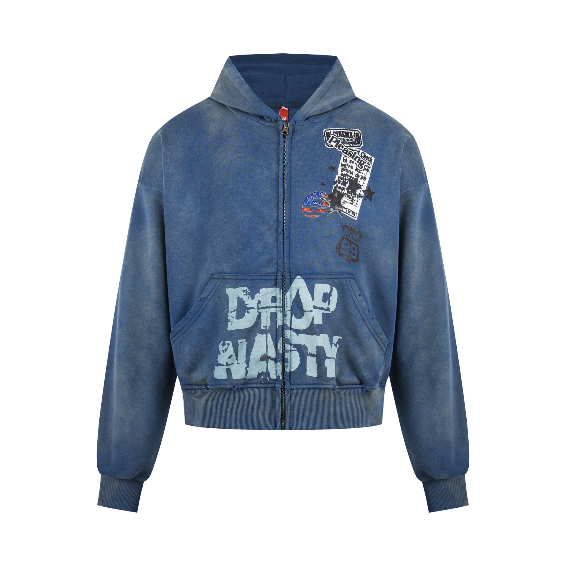 Hoodie zippé oversize bleu indigo effet délavé à l'acide, imprimé graffiti Drop Nasty à l'avant et motif collage au dos