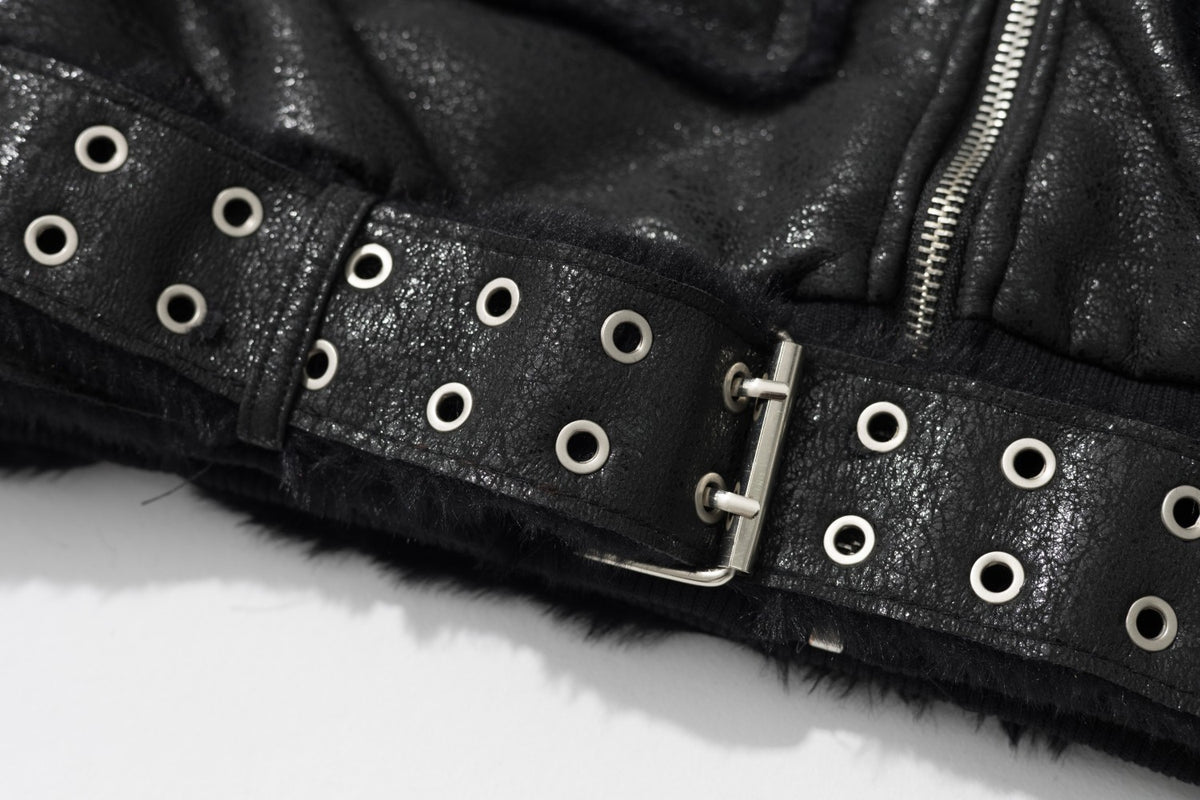 Faux Leather Bomber Jacket with Fur-Trim Hood & Fleece Lining — Black
