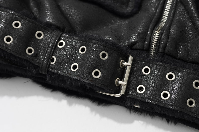 Faux Leather Bomber Jacket with Fur-Trim Hood & Fleece Lining — Black