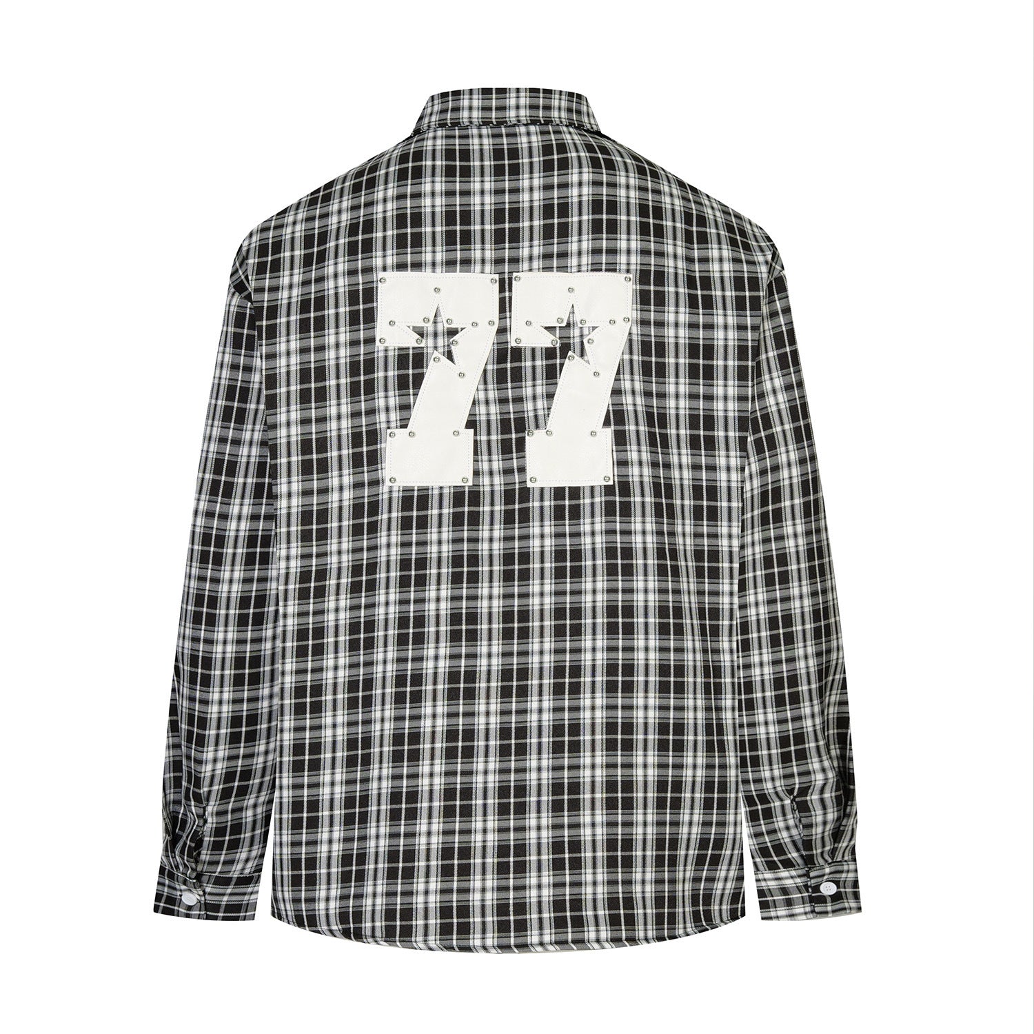 Designer Long Sleeve Shirt – Plaid Studded 'LUCK' Star Graphic, Relaxed Fit