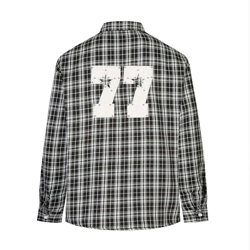 Designer Long Sleeve Shirt – Plaid Studded 'LUCK' Star Graphic, Relaxed Fit