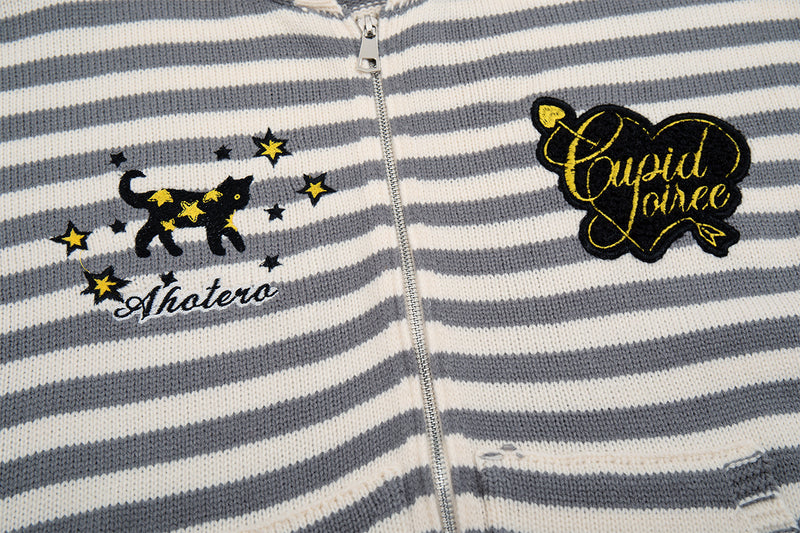 Y2K-Kapuzenjacke mit Reißverschluss – gestreifte Strickjacke mit Katzen- und Sternenstickerei