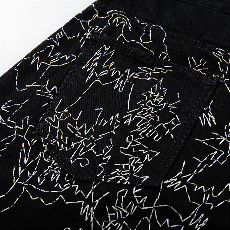 Wide-Leg Denim Shorts – All-Over Chaotic Stitch Embroidery, Hip-Hop Style