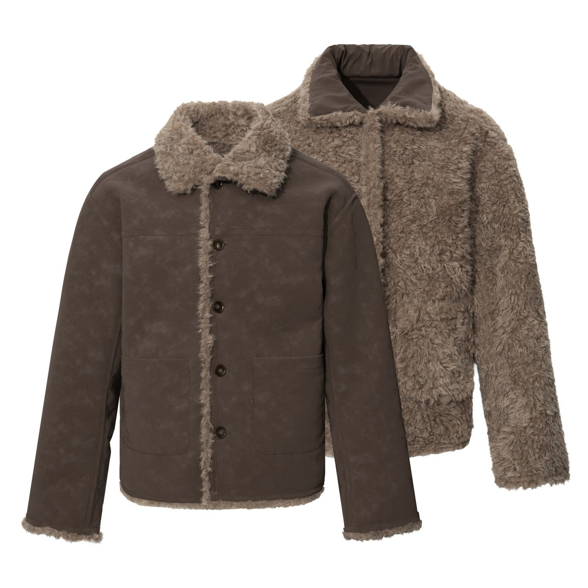 Men's reversible teddy fleece and suede-effect winter jacket in brown and taupe, showing both wearable sides