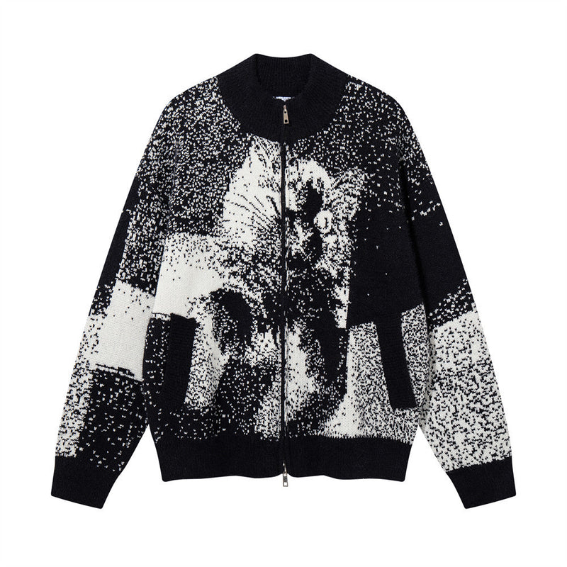 Katzen-Jacquard-Strick-Cardigan mit Reißverschluss – Oversized-Stehkragen