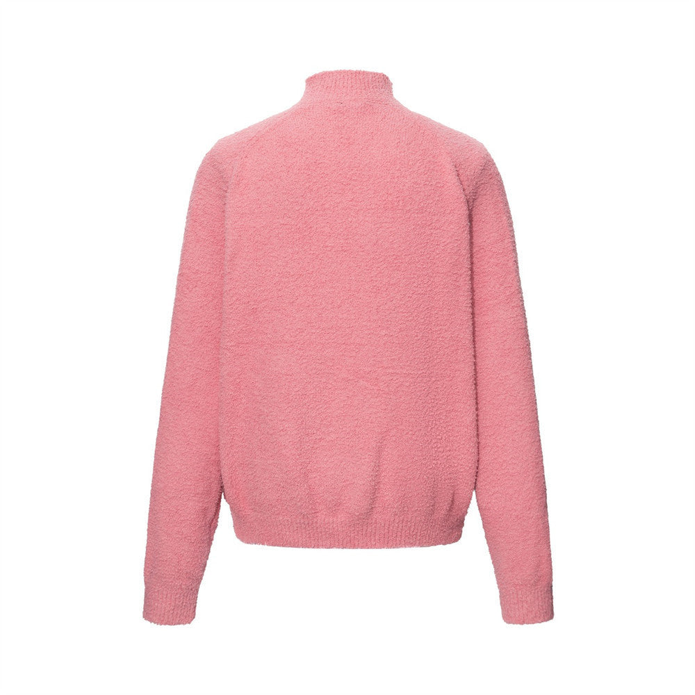Rabbit Print Zip-Up Knit Sweater – Men's Oversized Mock Neck Cardigan