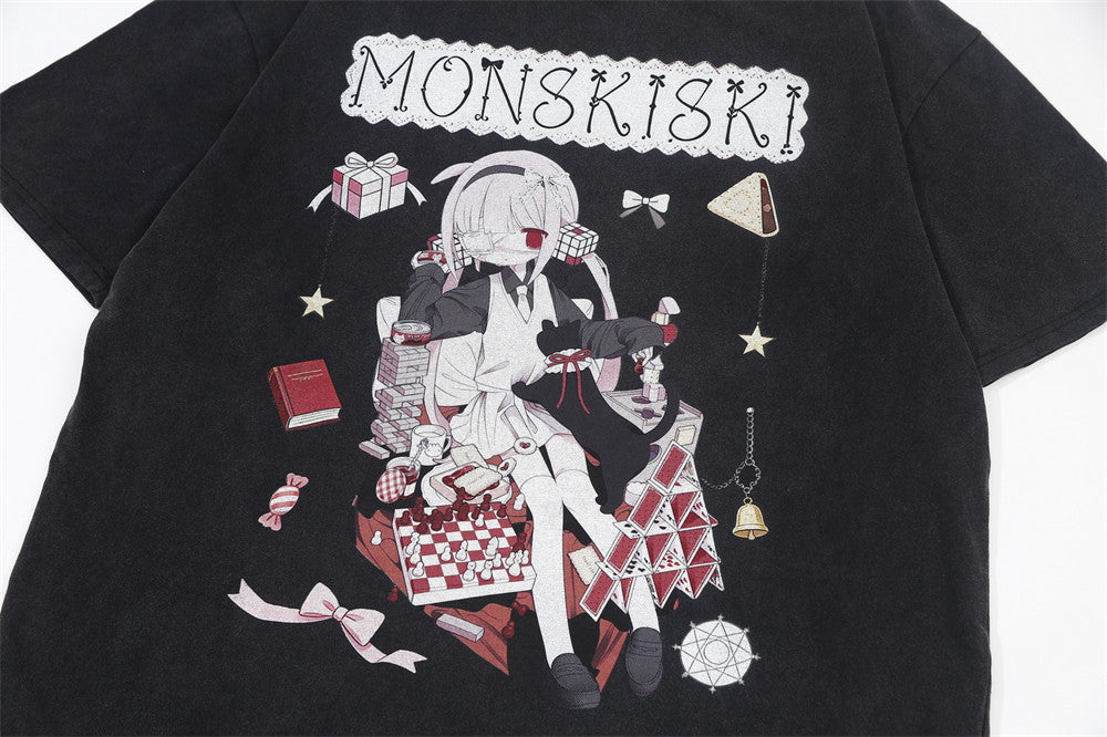 Anime-Grafik Oversized Rundhals-T-Shirt – Monskiski Chess-Girl-Print