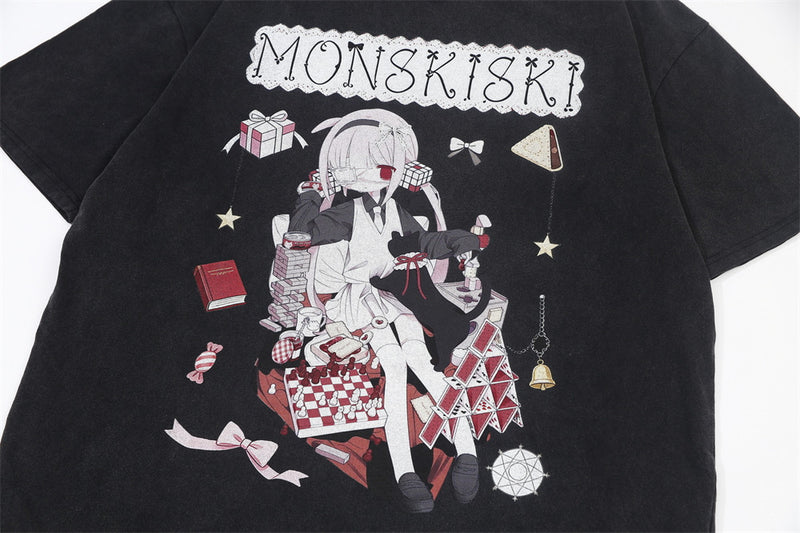 Anime-Grafik Oversized Rundhals-T-Shirt – Monskiski Chess-Girl-Print