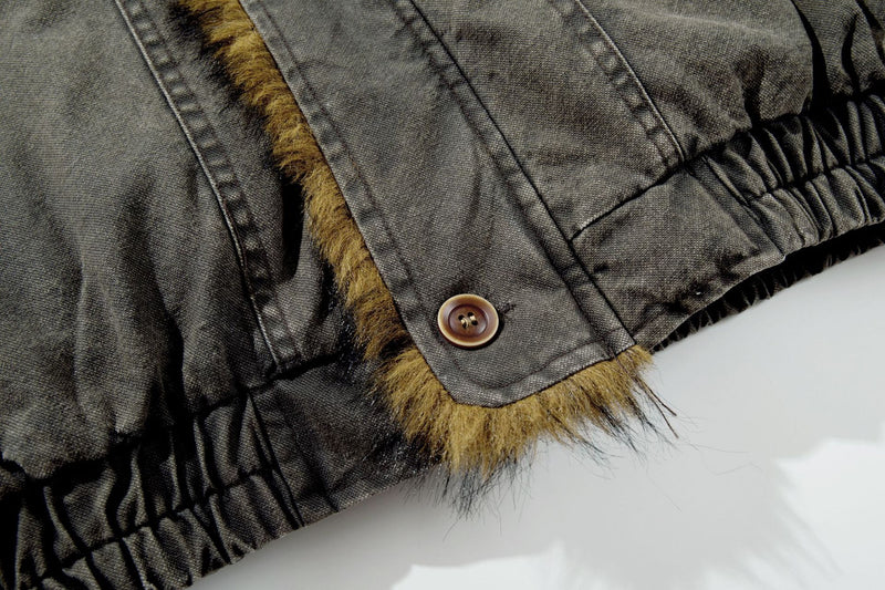 Washed Denim Fur-Collar Padded Jacket – Fleece-Lined Workwear Bomber