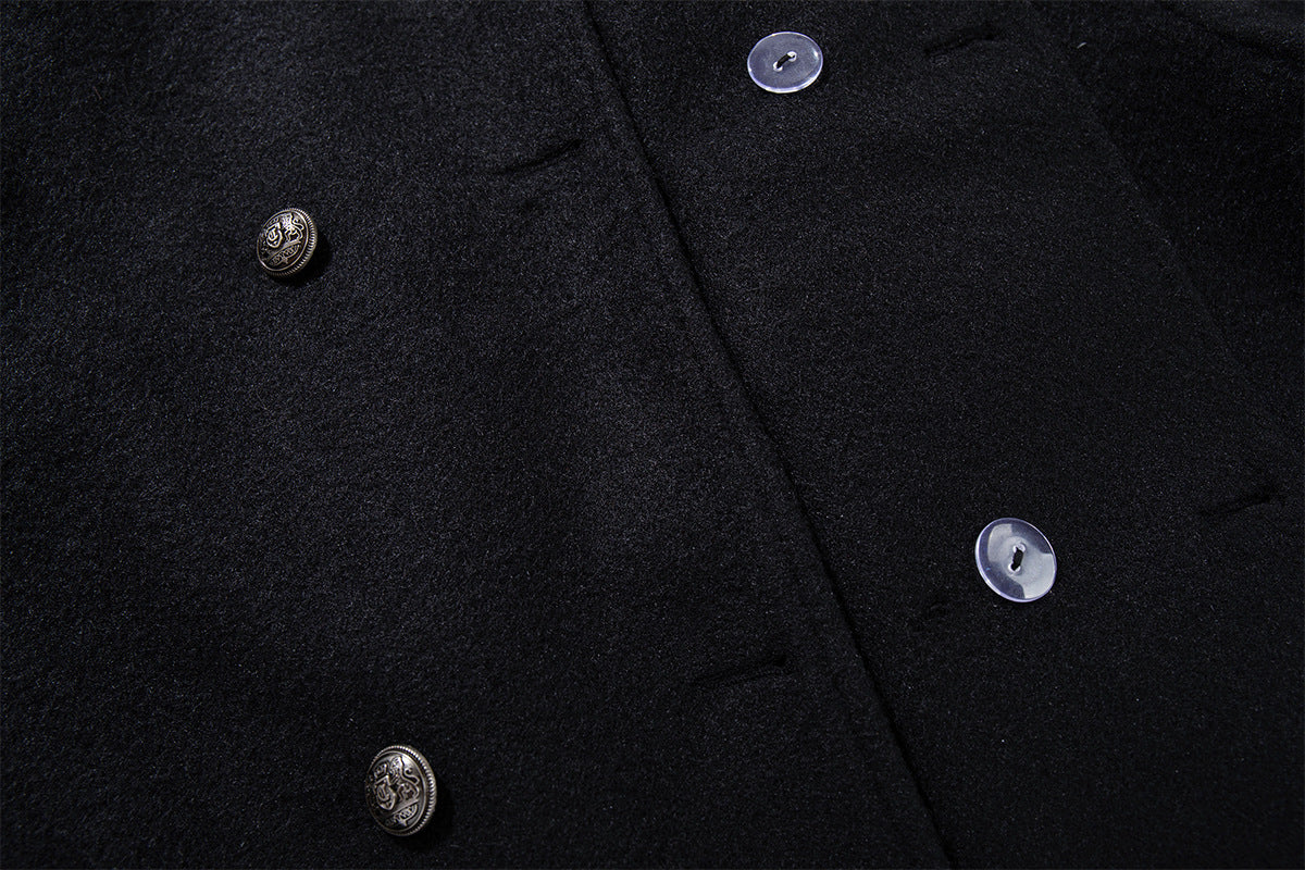 Men's Black Double-Breasted Military Wool Jacket with Stand Collar