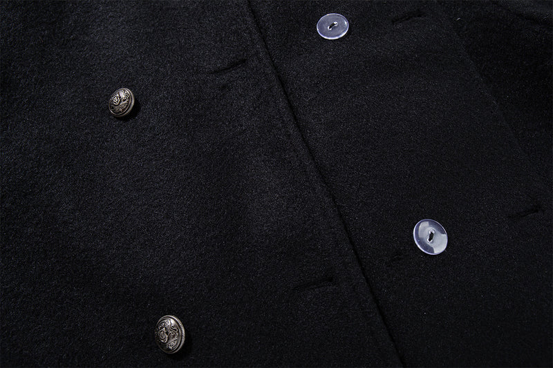 Men's Black Double-Breasted Military Wool Jacket with Stand Collar