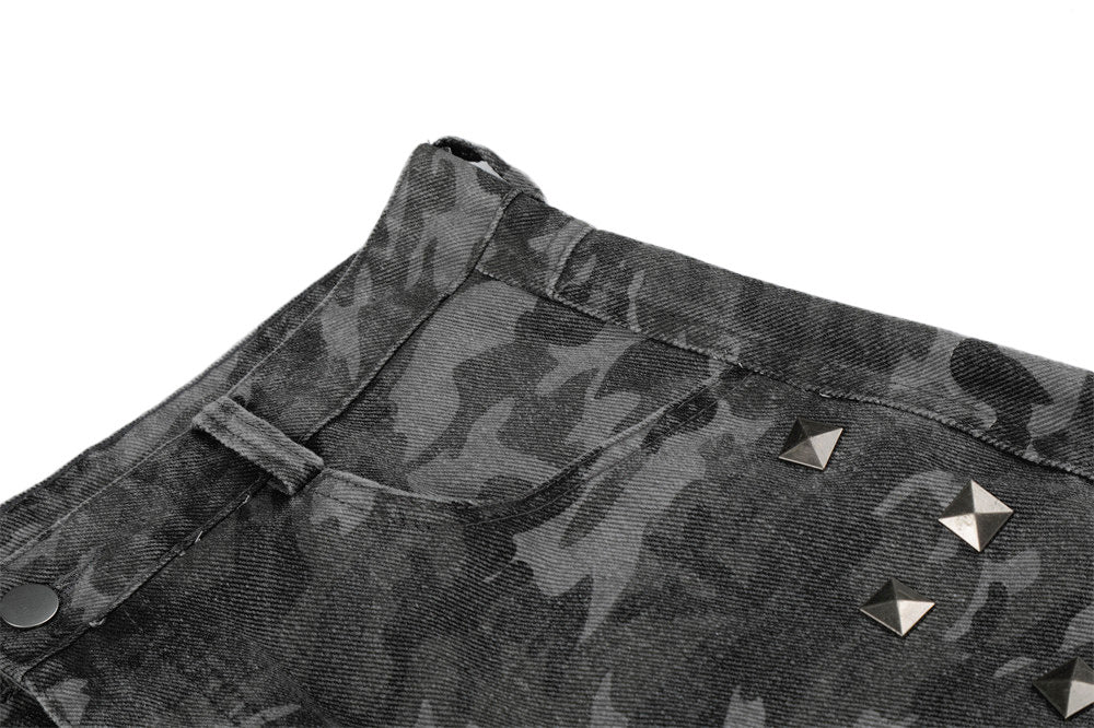 Camo Wide-Leg Jeans with Metal Studs – Punk Streetwear Barrel Fit