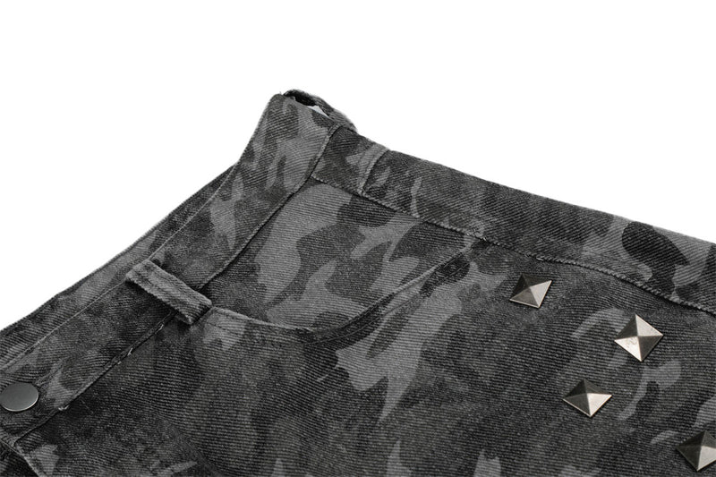 Camo Wide-Leg Jeans with Metal Studs – Punk Streetwear Barrel Fit