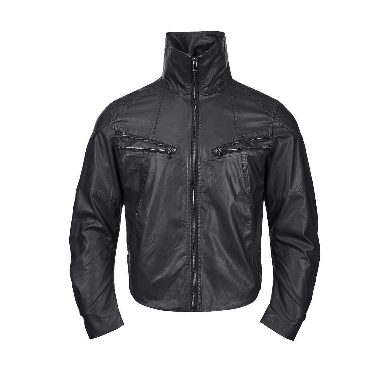 Veste moto en simili cuir – Col montant, poches zippées déconstruites, style biker rétro