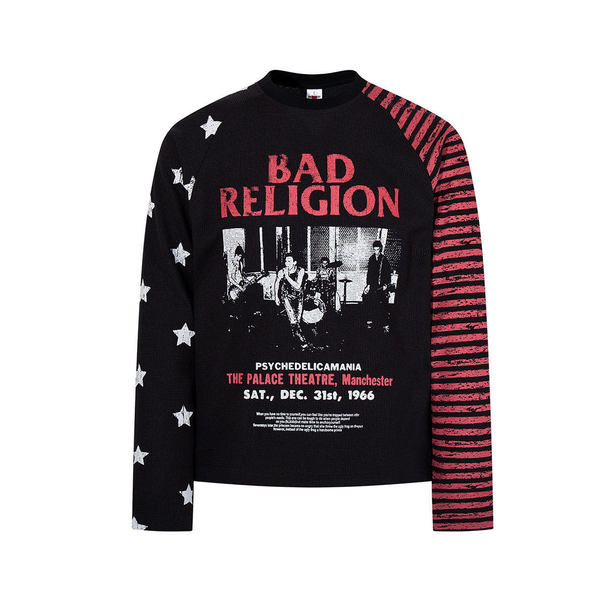 Bad-Religion-Langarmshirt mit Grafik, Sternprints und gestreiftem Distressed-Ärmel in Schwarz und Rot